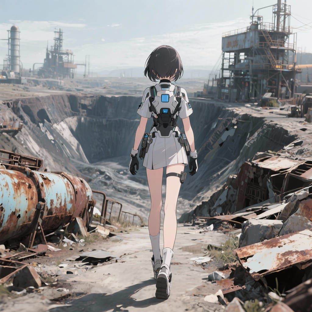 Sci-Fi Anime Girl at Ruined Open Pit Mine