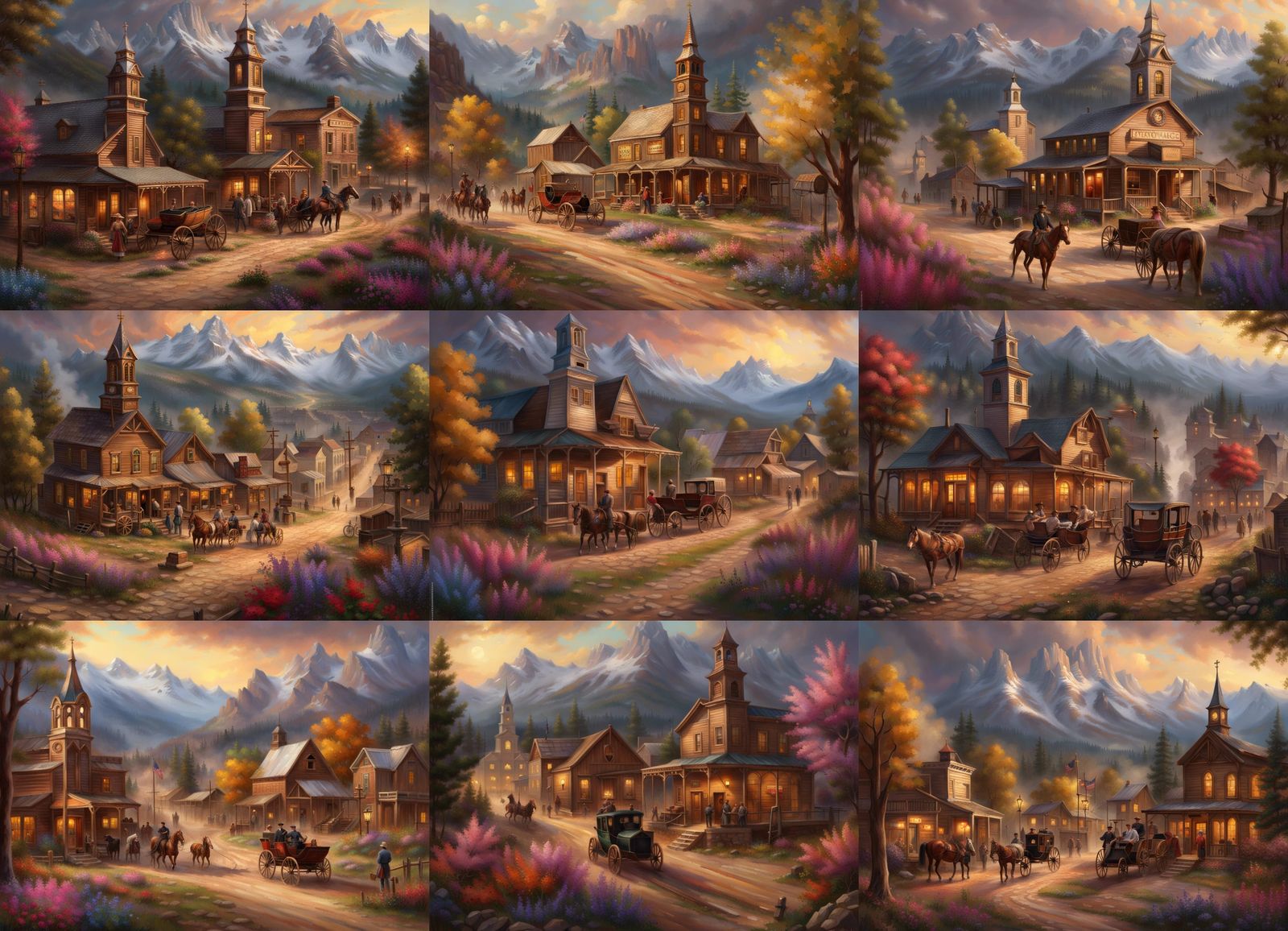 Old West Town with a church in the Wyoming mountains with flowers and trees and a stage coach and people in period attir...