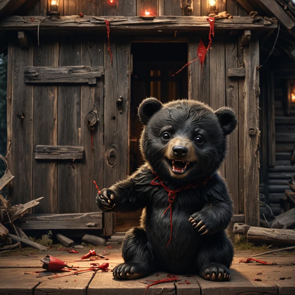 A captivating, lifelike 3D render of a small black baby bear. The adorable creature has an evil, snarling face and is at...