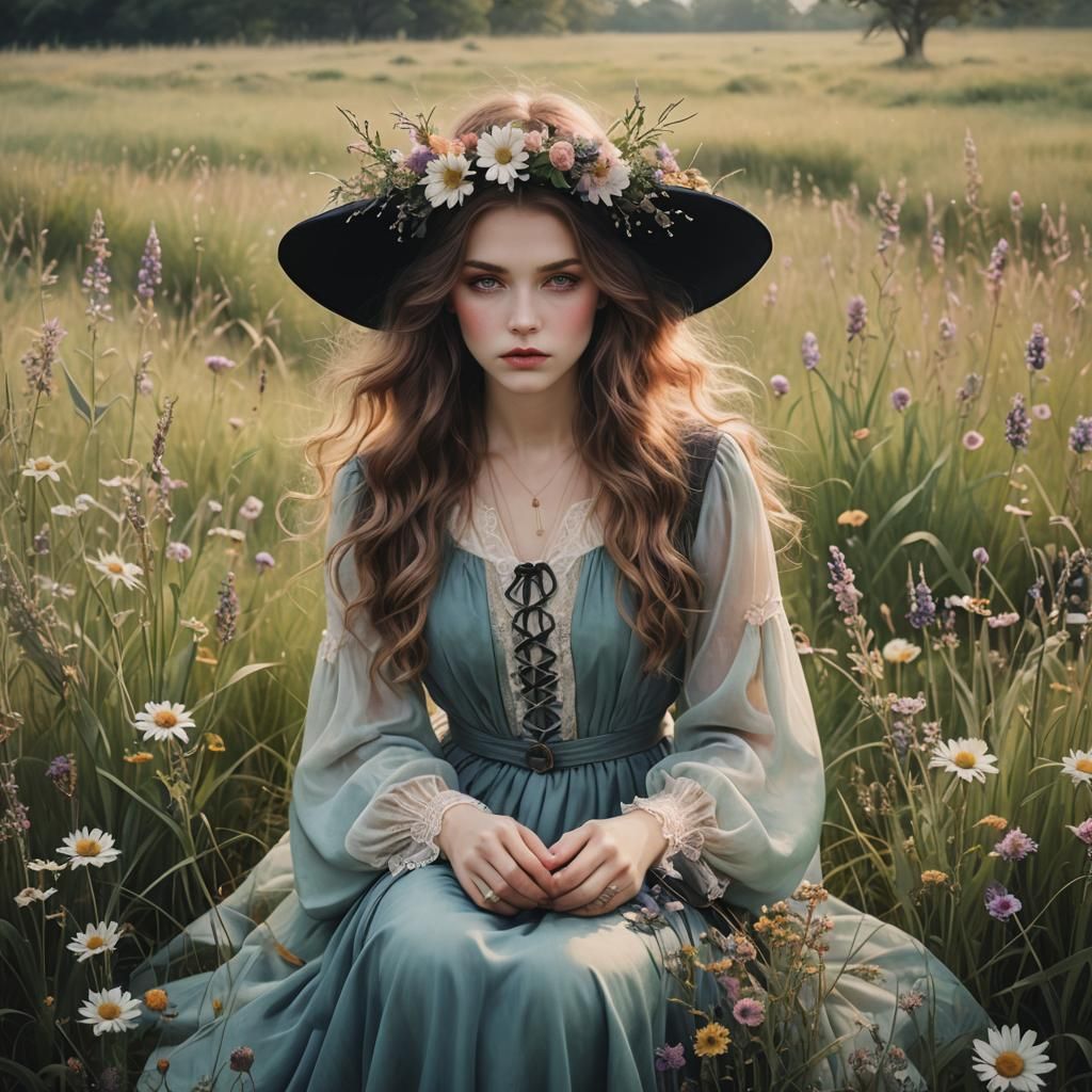 Witchy Woman in Pastel Meadow Portrait