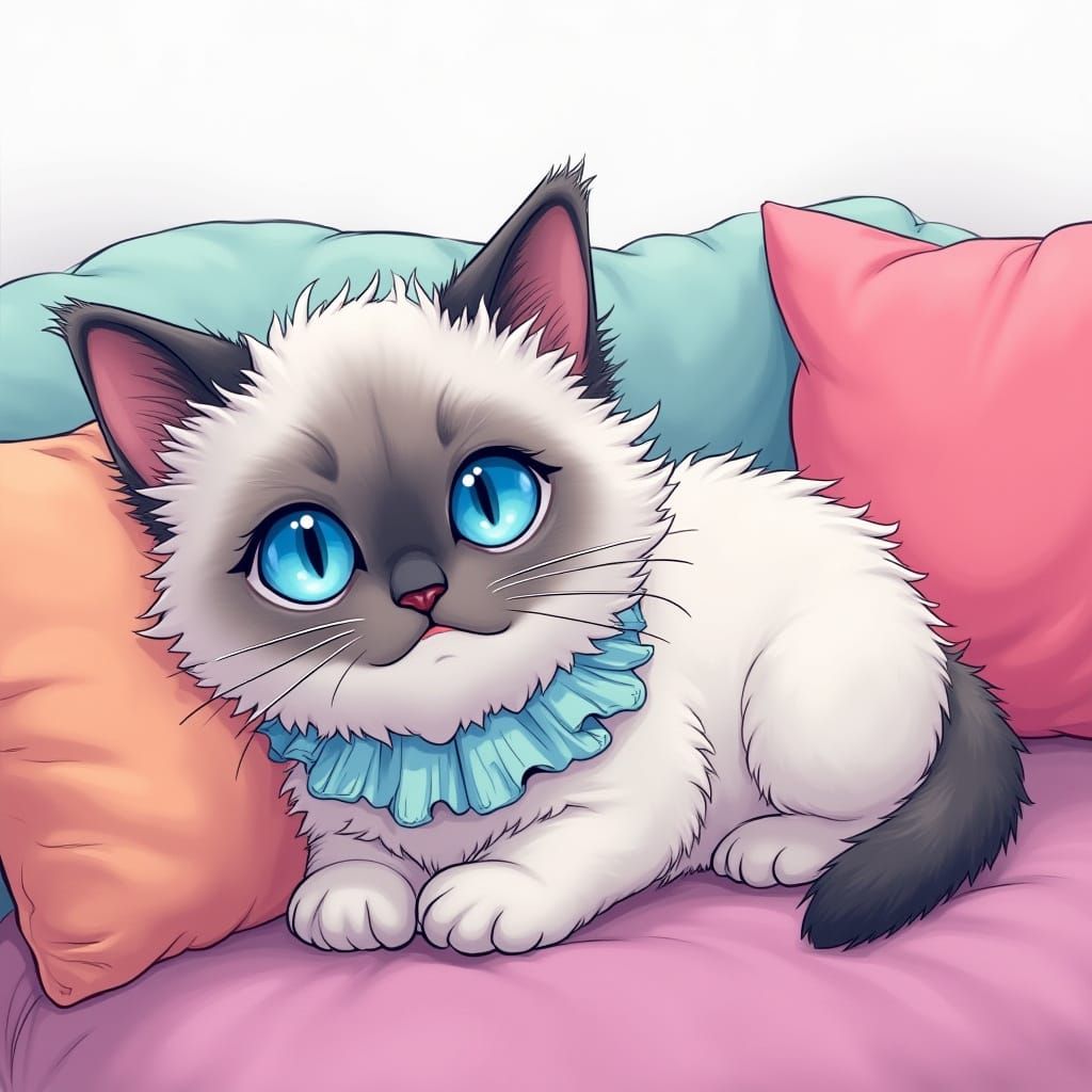 Seal Point Ragdoll Cat in Neon Home, Anime Style