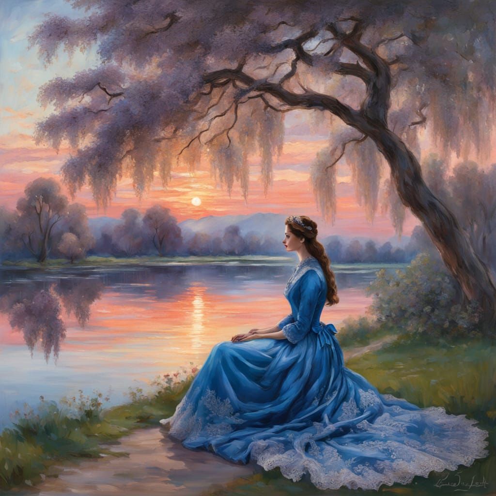Elegant Lady Sits Serenely under Willow Tree