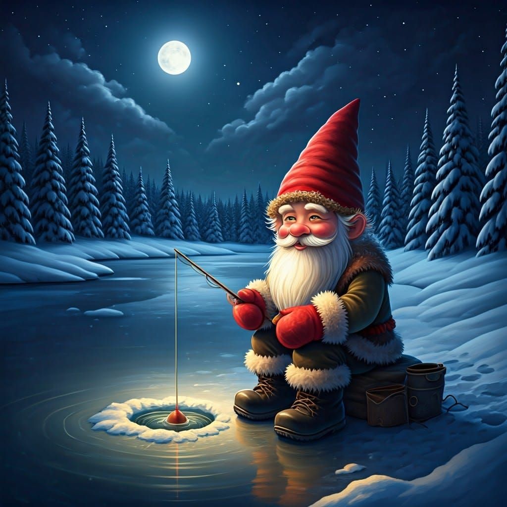 Gnome Ice Fisherman in Winter Wonderland