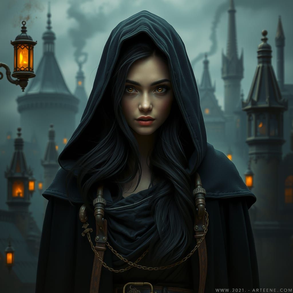 Mysterious Woman in Steampunk Cityscape, Dark Fantasy Art