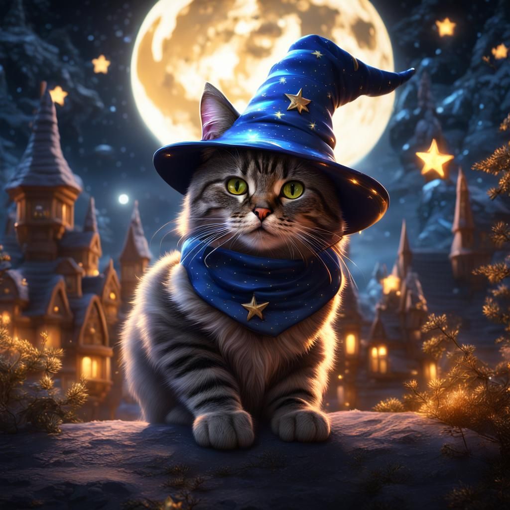 Cat Wizard in Starry Night Fantasy Art