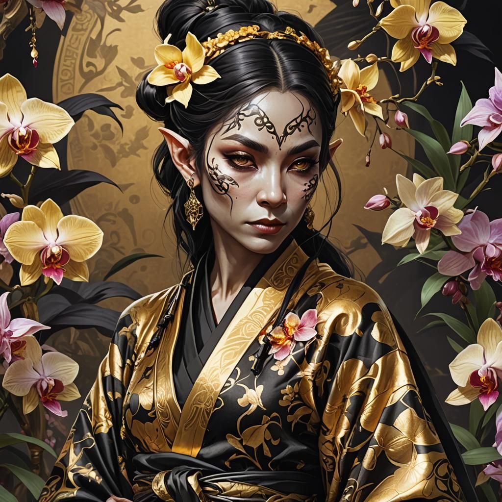 Close shot. An elf-orc female thief in a brilliant golden an...