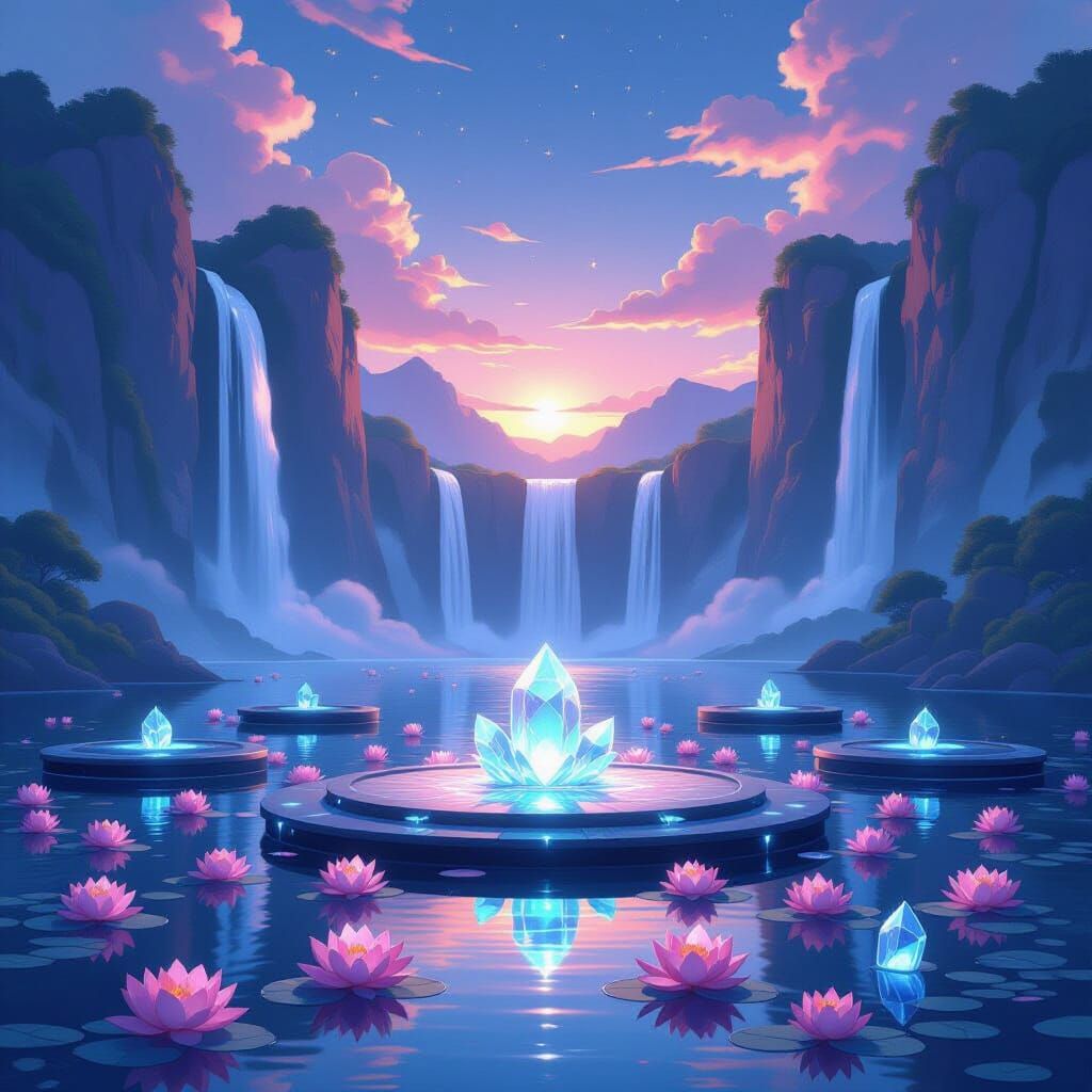 Twilight Waterfall Landscape with Luminous Lotus Flowers