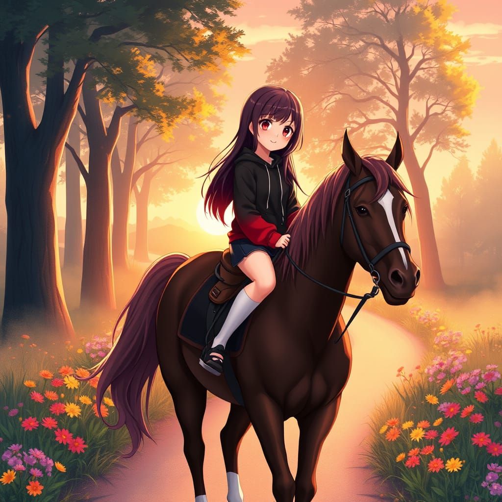 Friendly Girl Rides Horse Through Vibrant Sunset