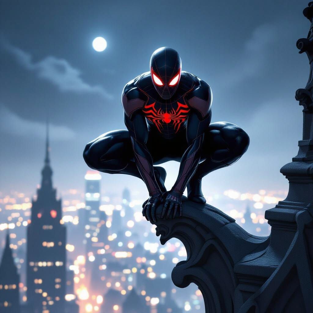 Black Spider-Man on Gothic Skyscraper at Night