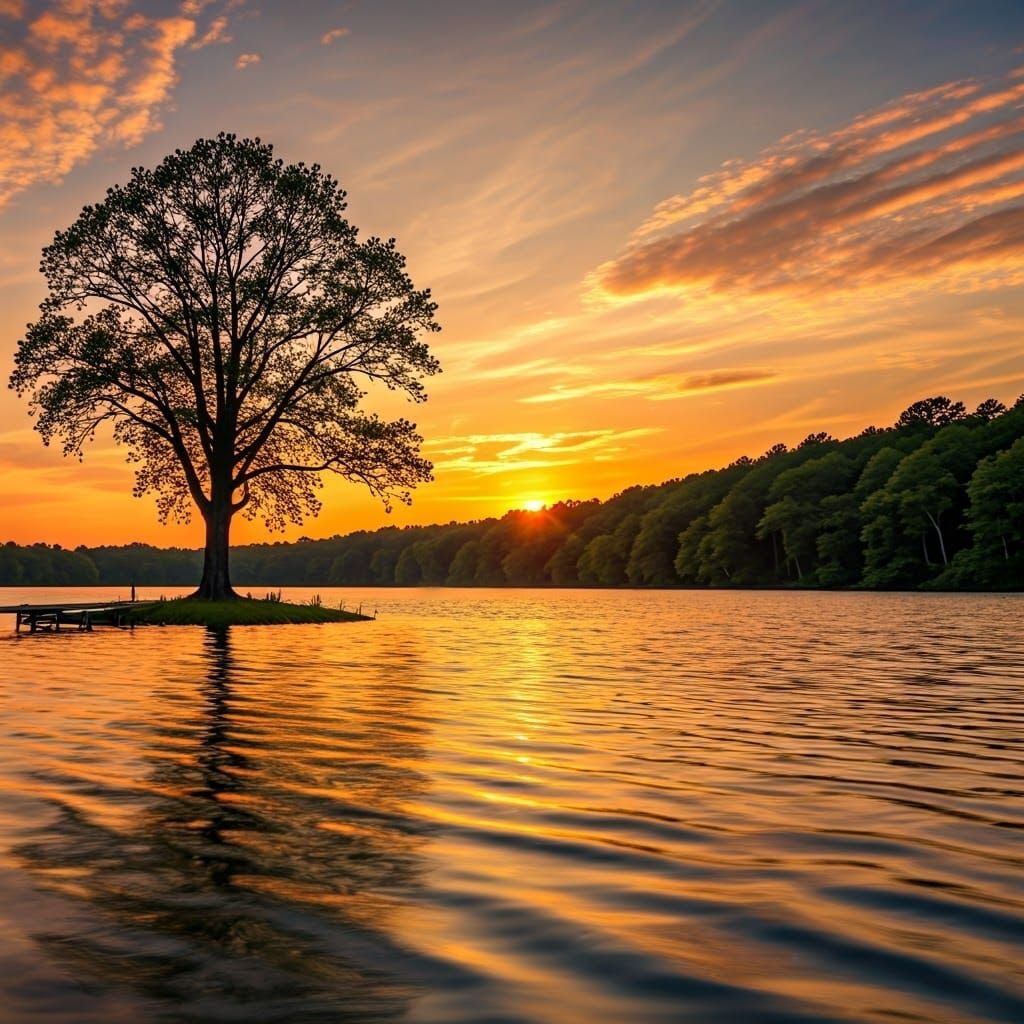Golden Sunset Glow on Tranquil Lake in Nature's Cathedral