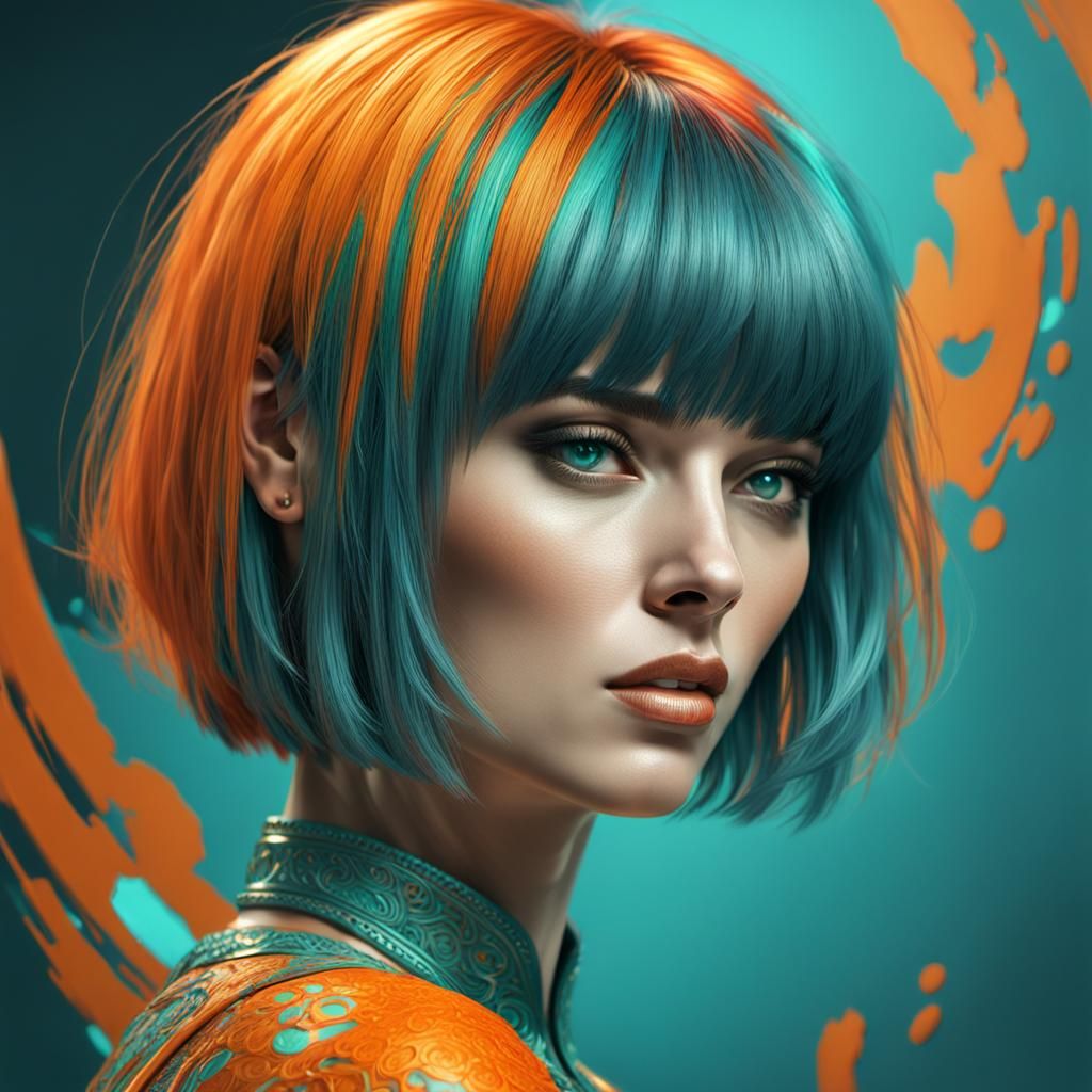 A woman with short bobline hair with bangs in orange and teal