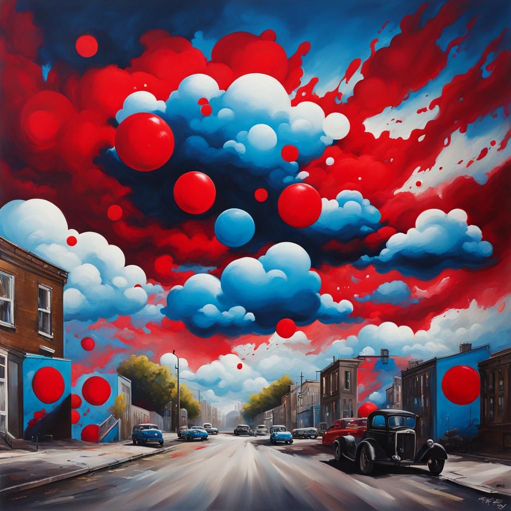 Graffiti Art of Red Circles and Blue Clouds