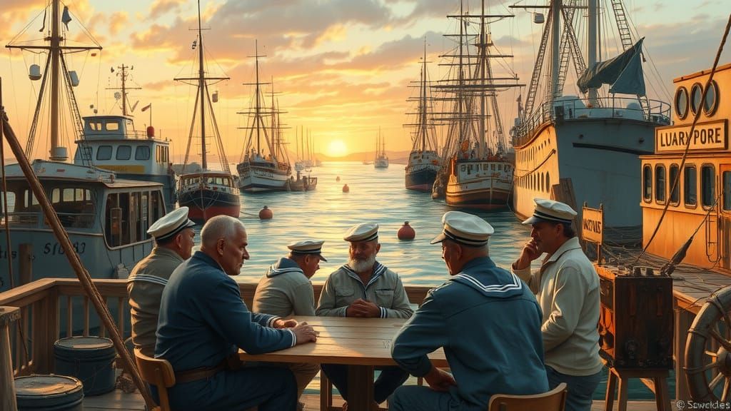 Western Bay Port at Sunset, Inspired by Turner, Rockwell, an...