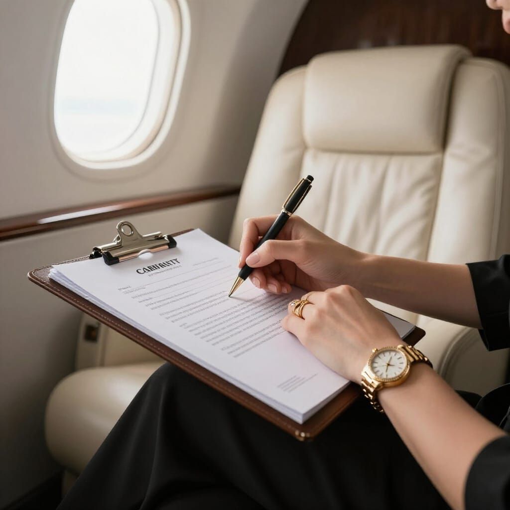 Elegant Hand Signs Luxury Jet Document in Soft Sunlight