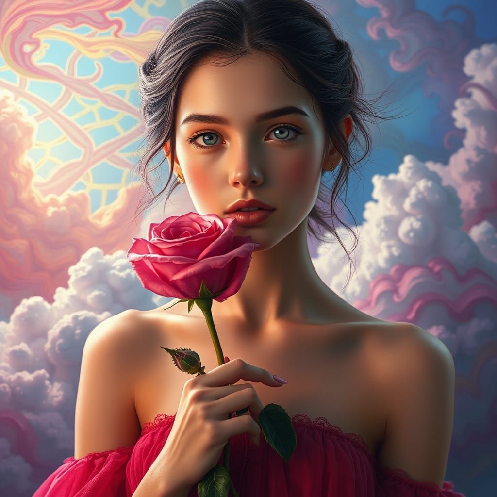 Ethereal Woman with Rose in Dreamscape