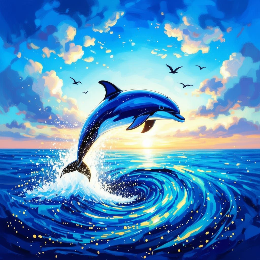 Dolphin Leaps From Bioluminescent Vortex in Impasto Style