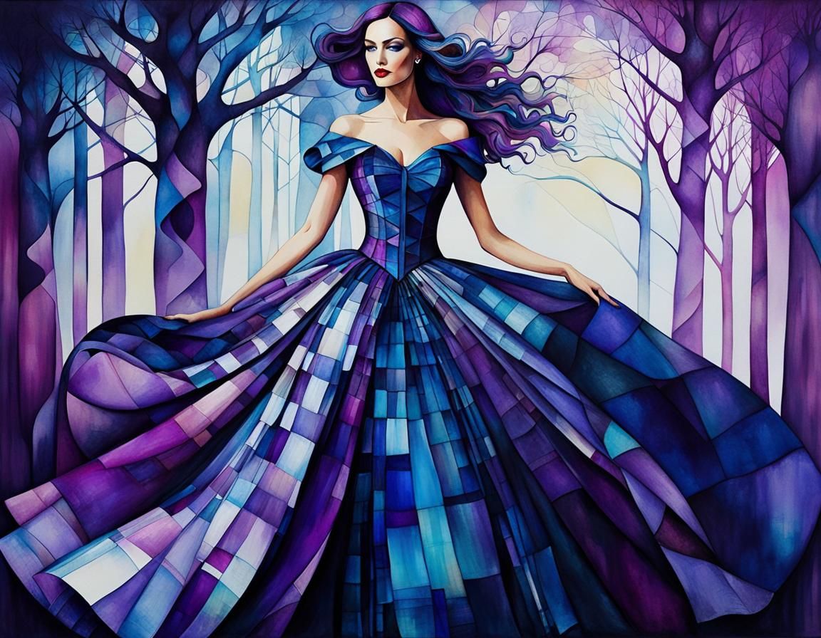 Woman in Plaid Ballgown: Surreal Alcohol Ink Art
