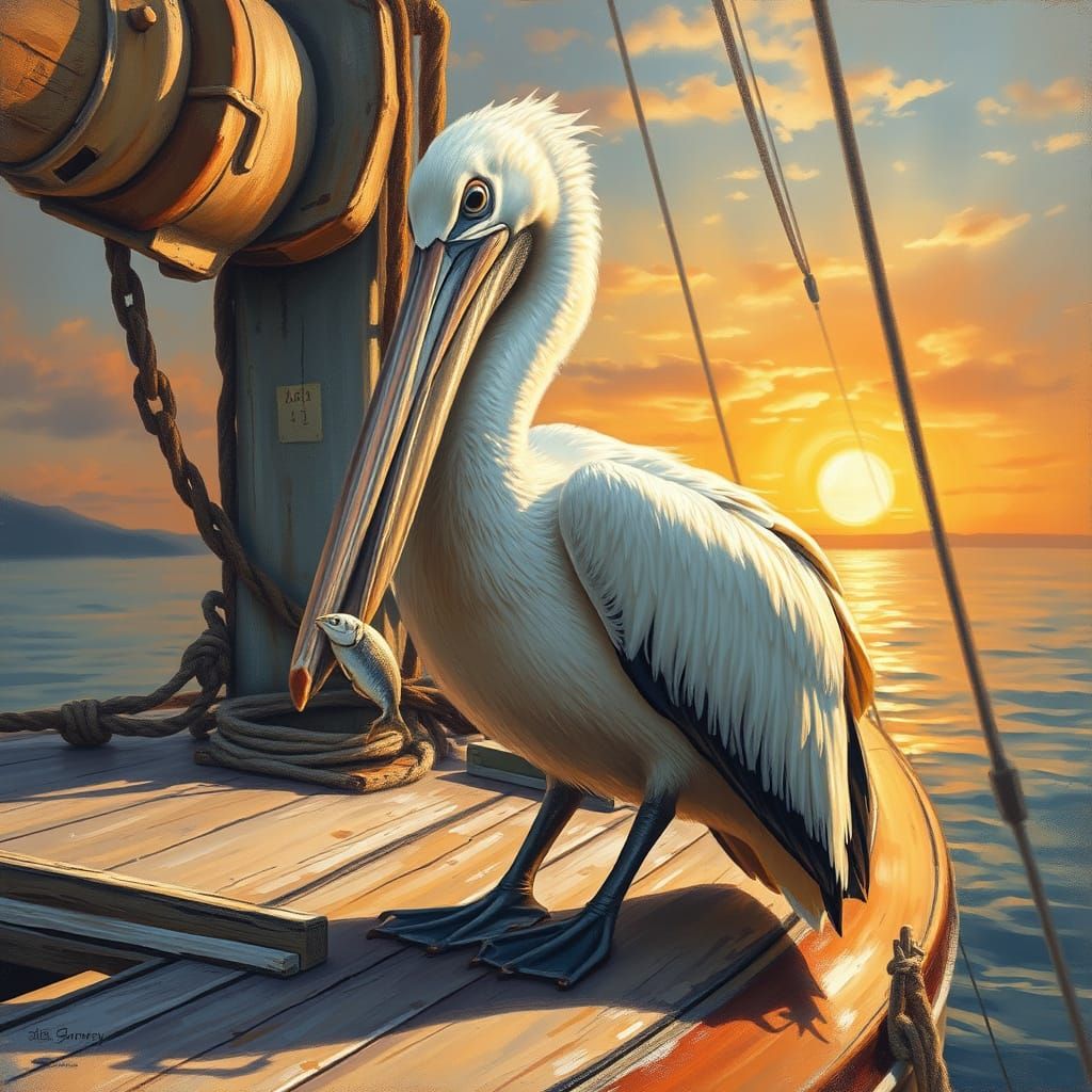 Pelican on Sailboat, Sunset Reflection