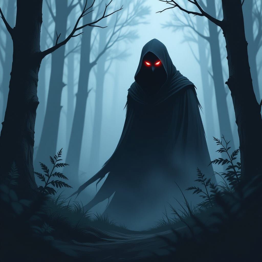 Mysterious Dark Figure With Red Eyes In Forest Shadows