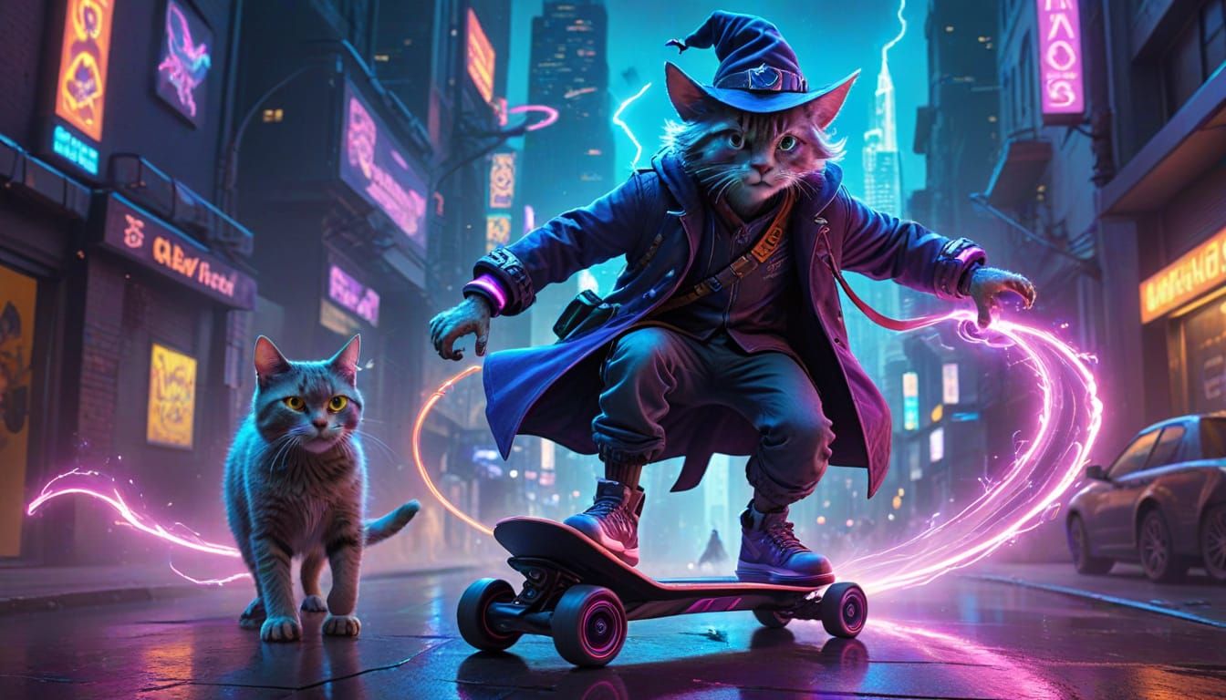 Cyberpunk Wizard Chases Shredding Cat in Neon City