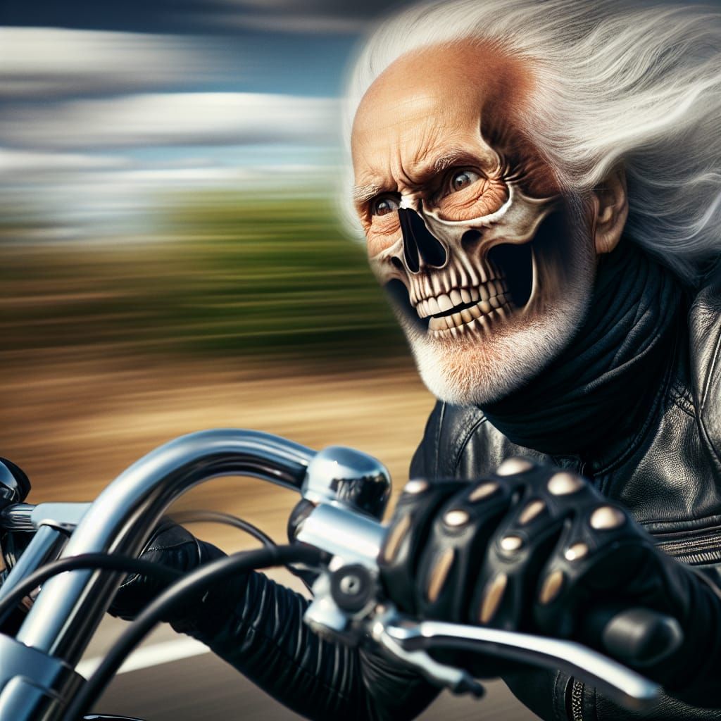 Elderly Biker Rides Motorcycle at High Speed