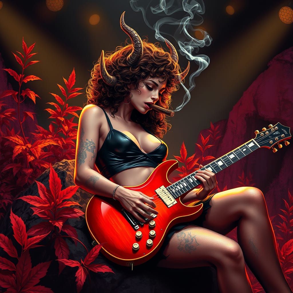 Sultry Female Satyr Rocks Electric Guitar Under Vibrant Fant...