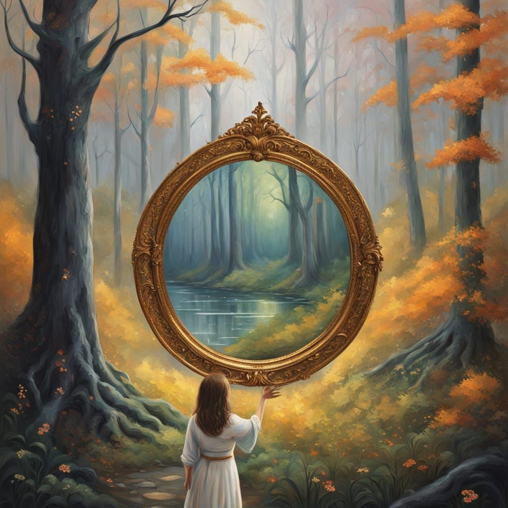 Mystical Mirror Reflection in Vibrant Oil Painting