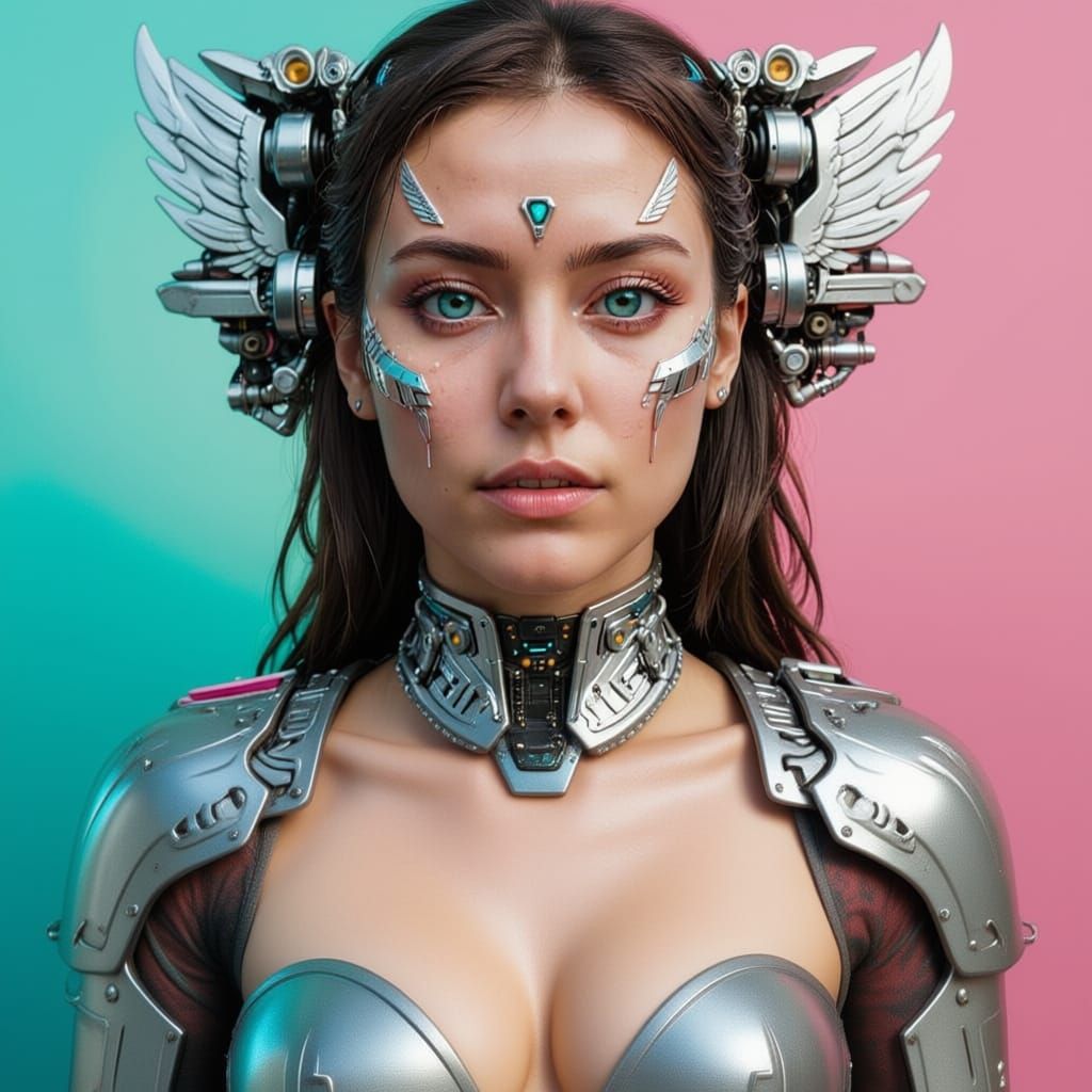 Cyberpunk Woman With Angelic And Mechanical Wings