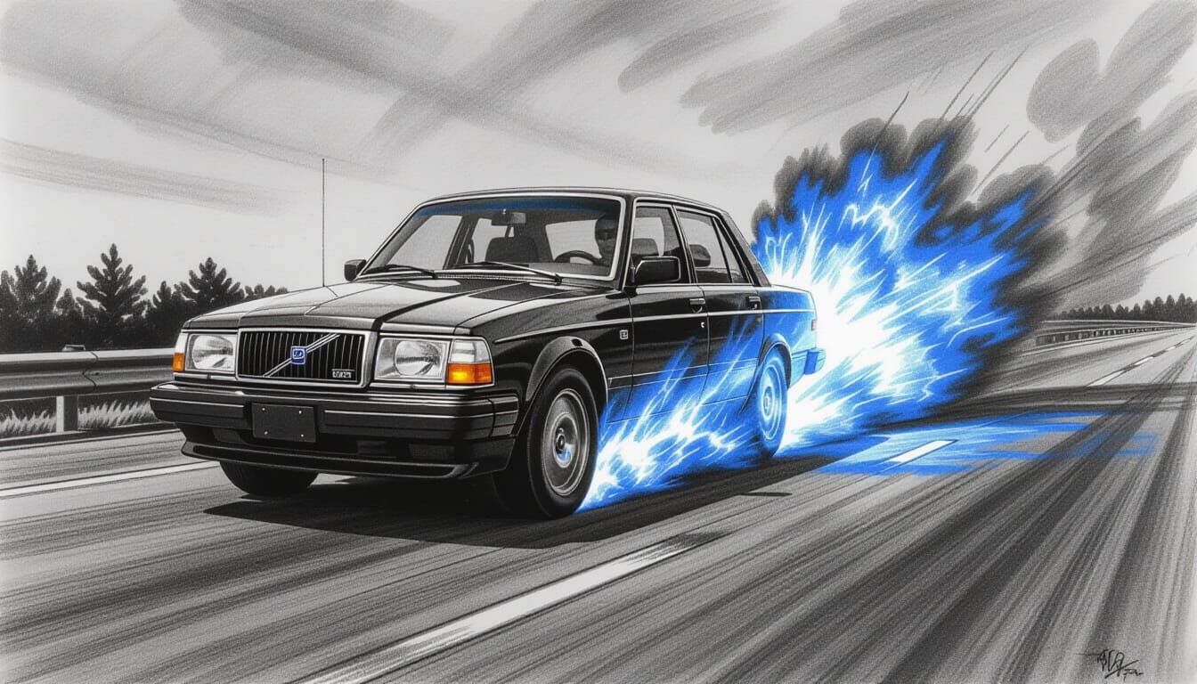 Big Block Volvo Speeds Down Highway in Charcoal Drawing