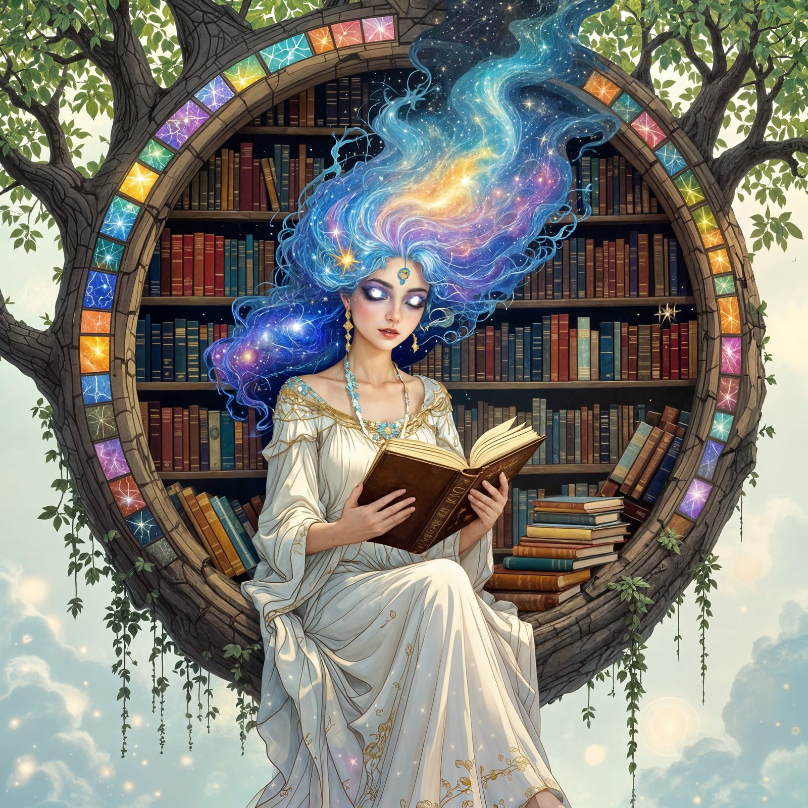 Celestial Librarian Curates Cosmic Library in Mosaic Style