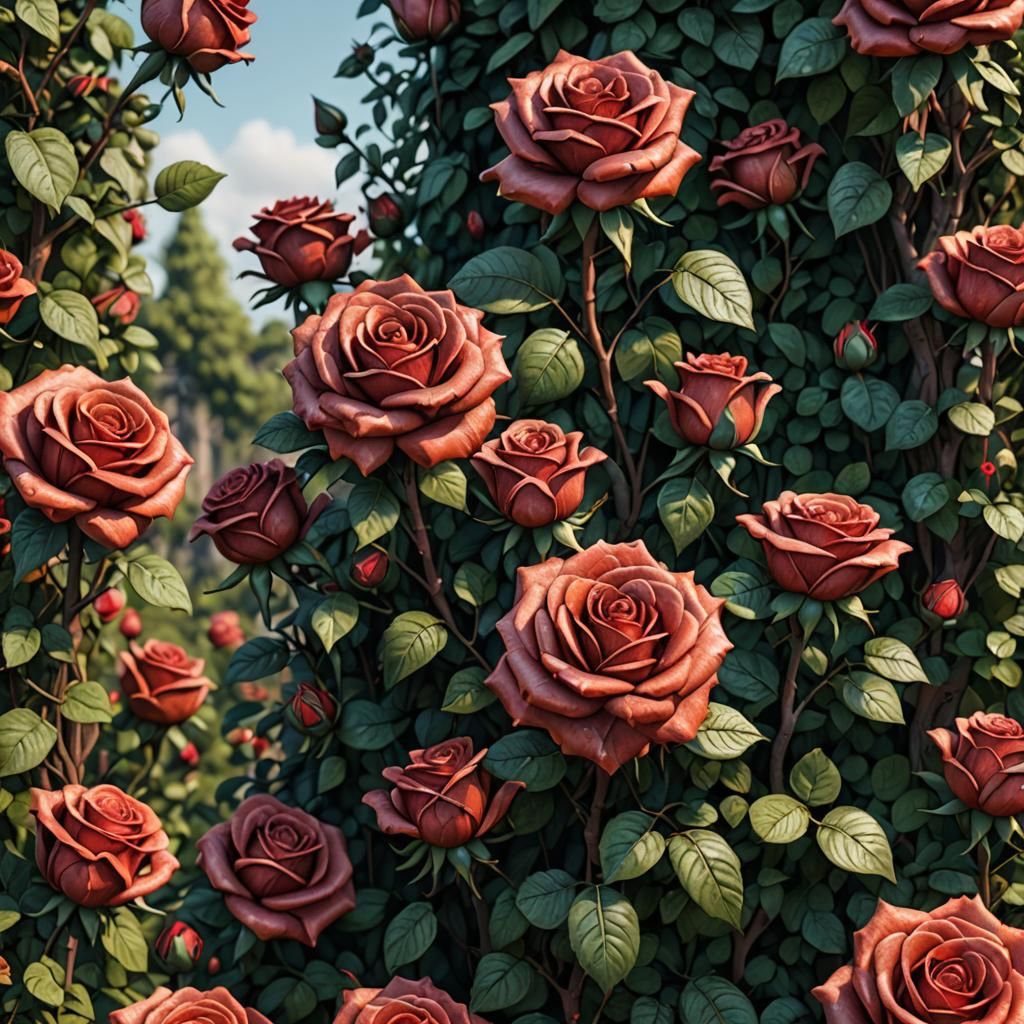 Detailed Pencil Sculpture of Rose Bushes