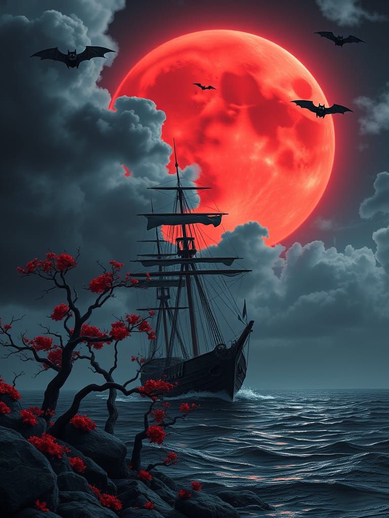 Viking Ship on Dark Waters in Atmospheric Landscape Style