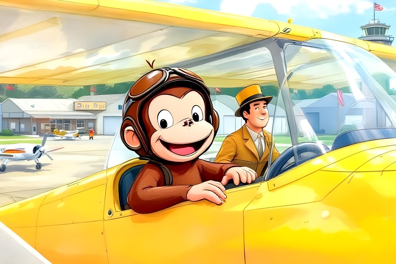 Curious George's Airport Adventure in Watercolor Style