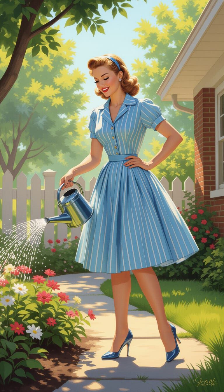 1950s Housewife Gardening on a Sunny Morning