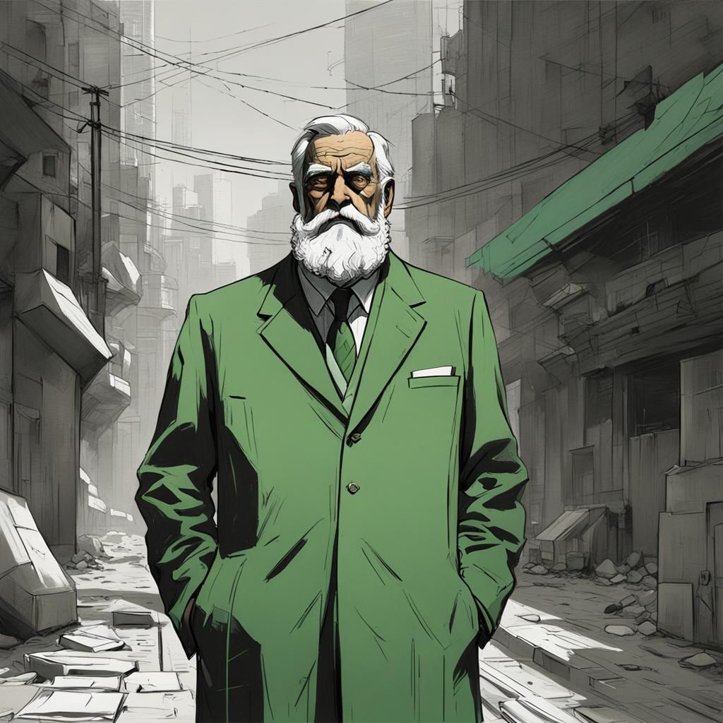 British Scientist in Futuristic Alley, Line Art Sketch