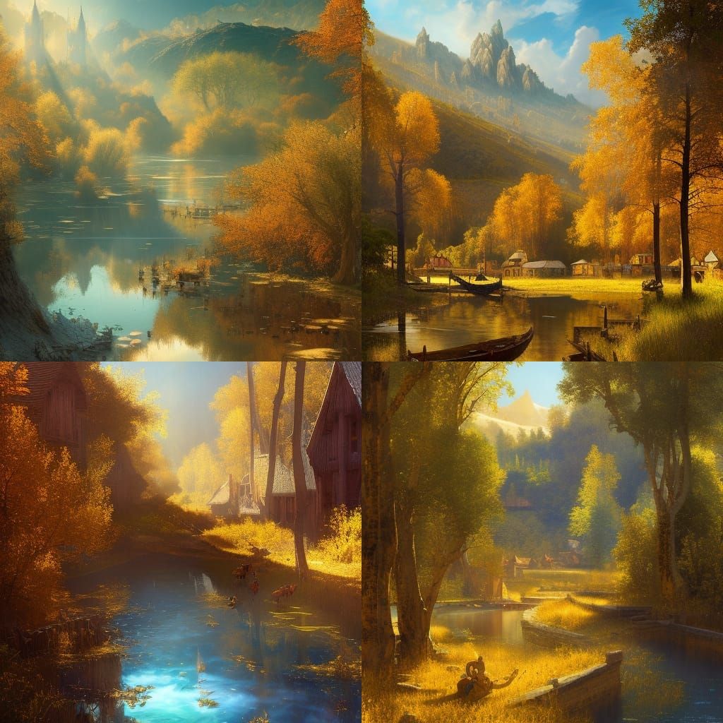 Vibrant Medieval Town in Golden Fields, Dark Fantasy Art