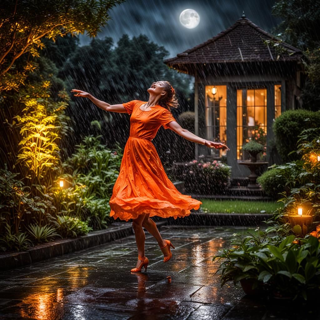 Woman in Orange Dress Dancing in Rainy Garden