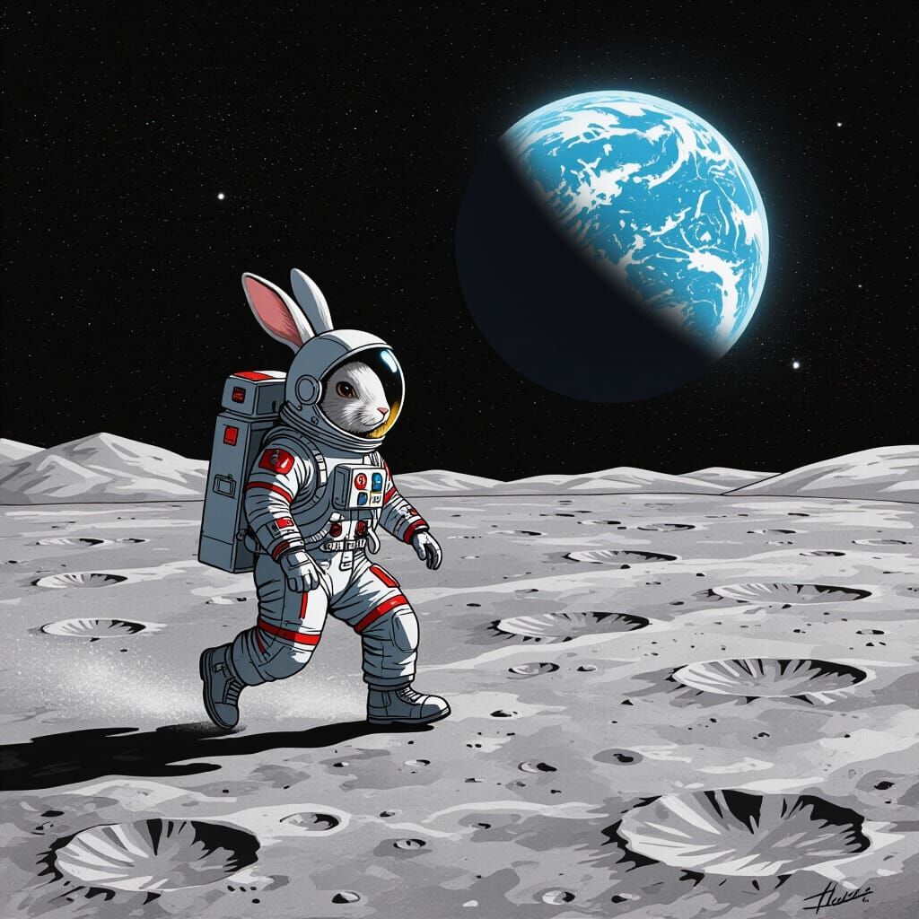 Astronaut Rabbit on Desolate Moon in Vintage Sci-Fi Style