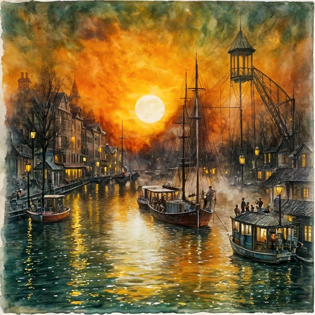 Enchanted Town Under Green Moon: Ink Painting