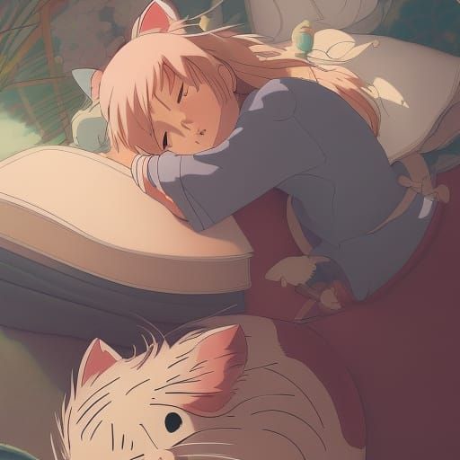 Anime Cat Nap in Studio Ghibli Style