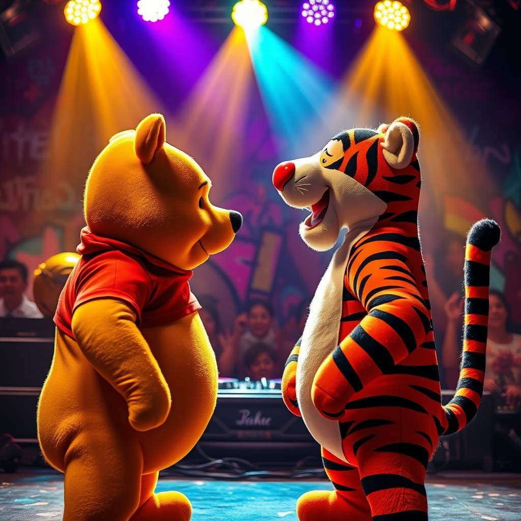 Winnie the Pooh and Tigger in a rap battle at a night club. ...