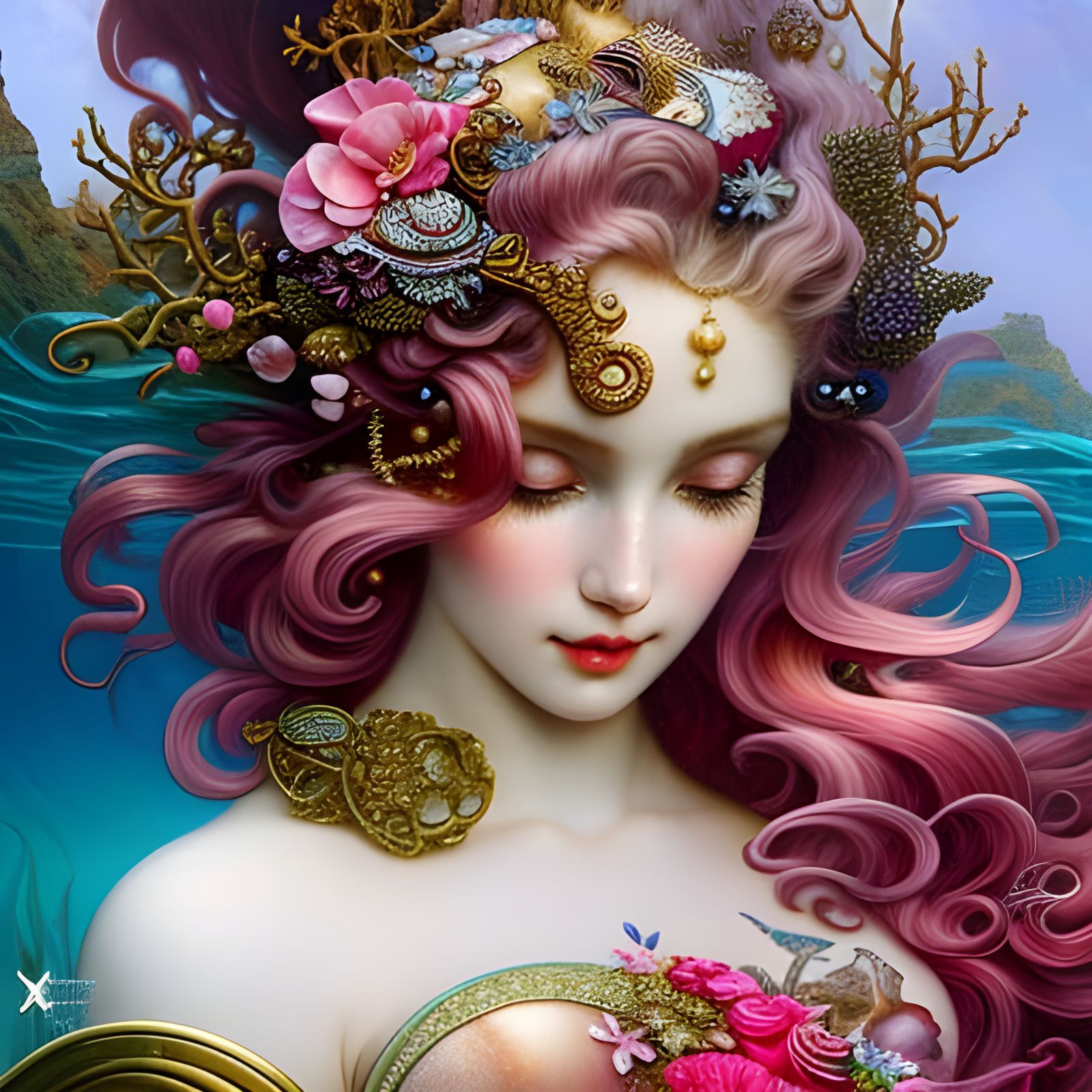 Rococo Mermaid Surrounded by Hearts
