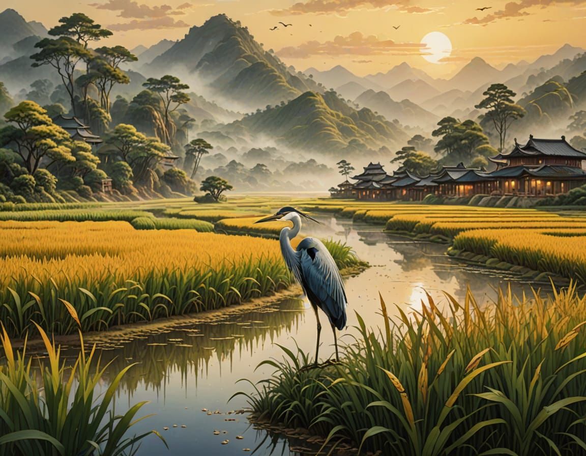 Heron in Rice Fields: Chinese Ink Drawing