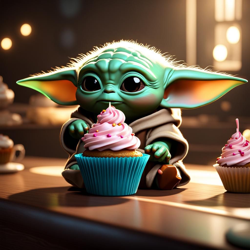 Baby Yoda Eating Cupcake in 3D Render