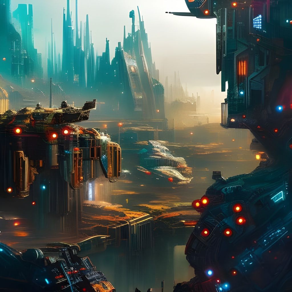 Cyber Robot in Biomechanical Junkyard at Night