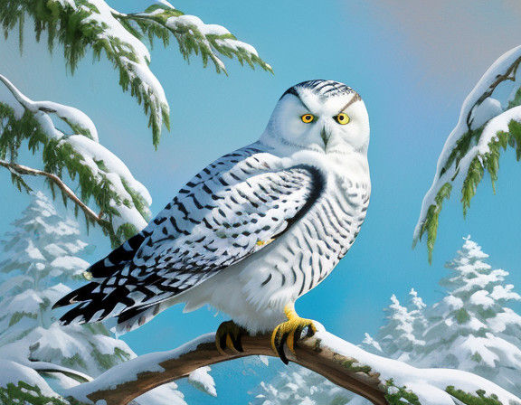 Whimsical Snowy Owl in Oil Paint Style Treehouse Scene