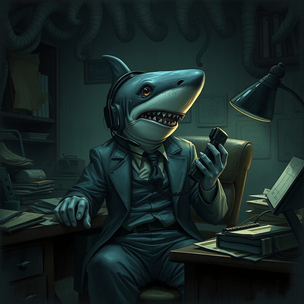 Eerie Land Shark Telemarketer in Dark, Gothic Style