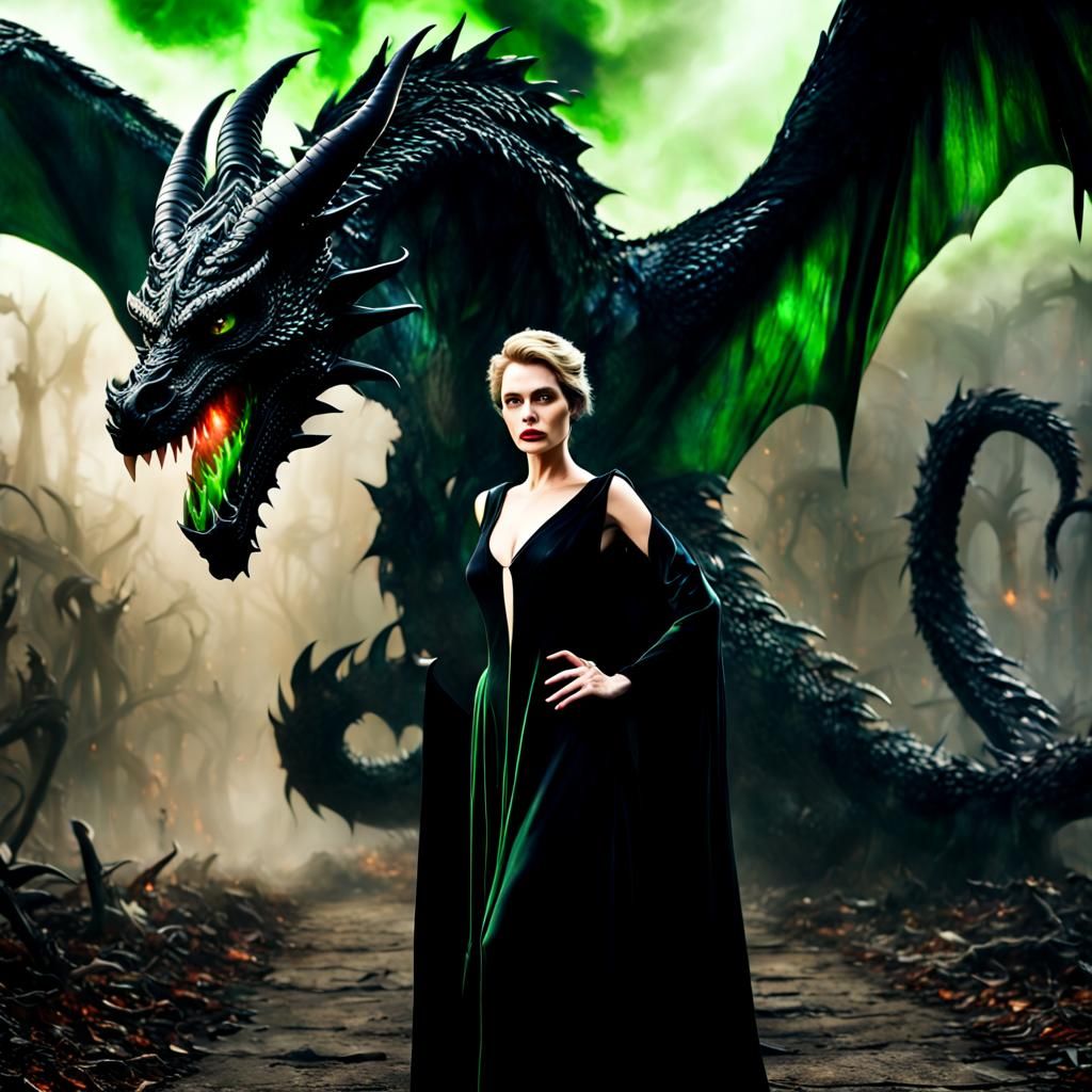 Maleficent Portrait with Black Dragon and Green Flames