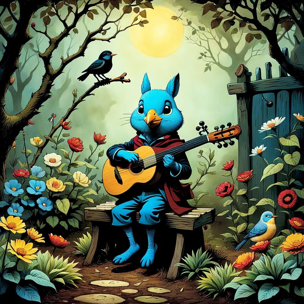 Boy and Bird Duet in Garden, Illustrated Style