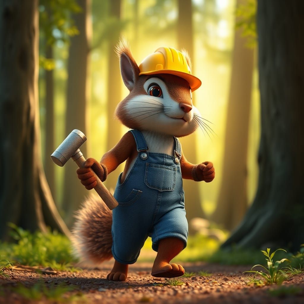 Squirrel Construction Worker in Sunny Forest, 3D Art